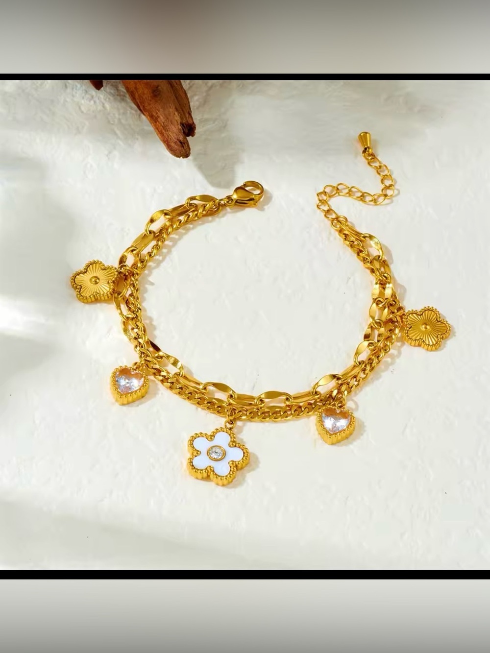 18k Gold-plated tone Flower & Heart Charm Bracelet